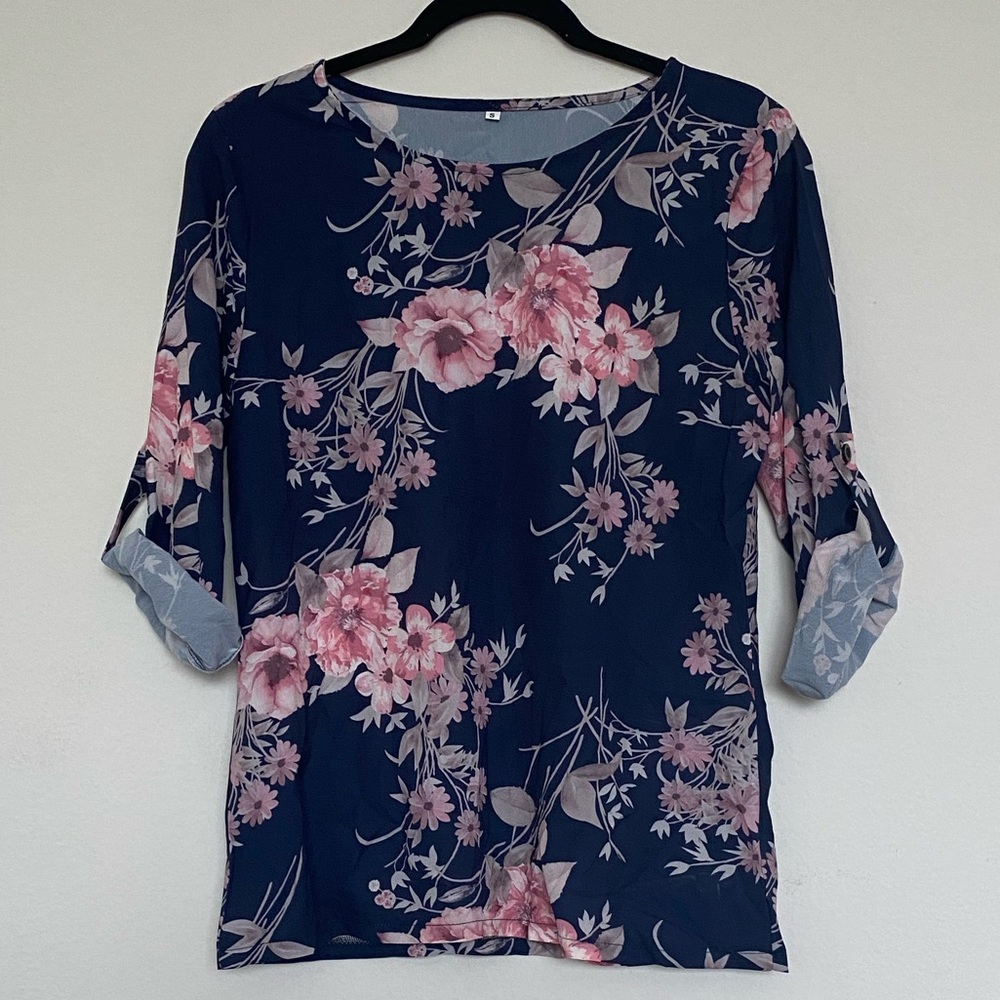 Blue Floral Print Top Blouse
